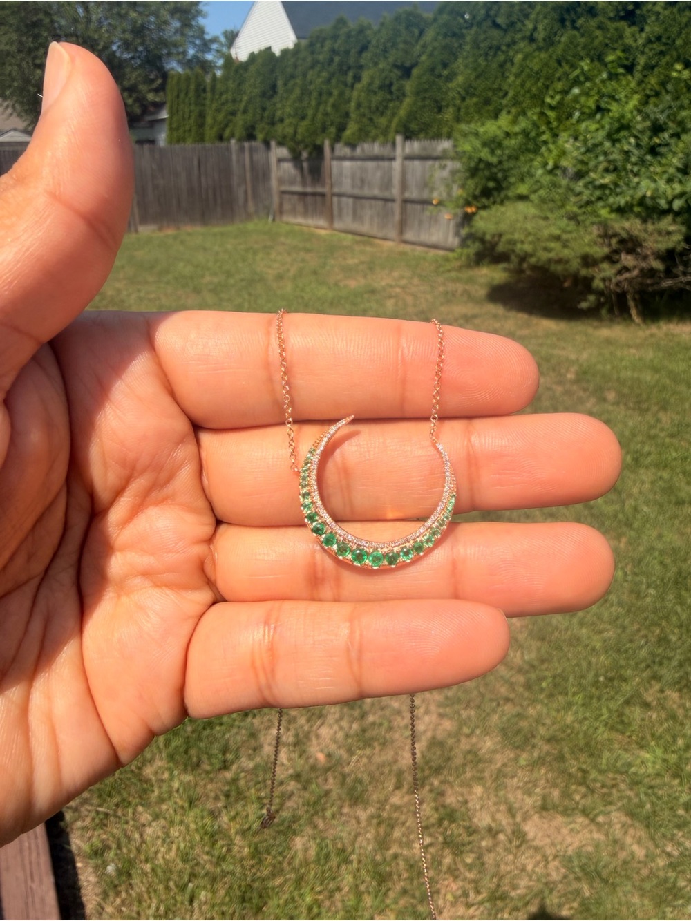 14k Rose Gold Diamond & Emerald MOON Necklace 16 to 18 inches